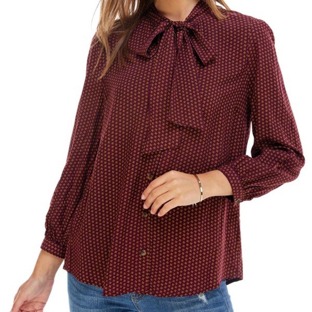 Plum Print Tie Neck Blouse